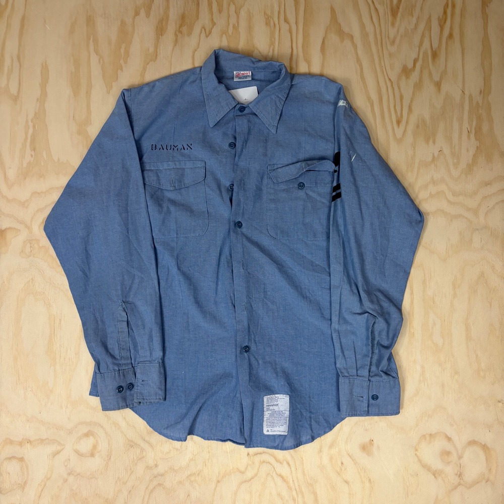 Vintage 1996 US Navy Navshirt Utility Shirt Blue Chambray Bauman Military